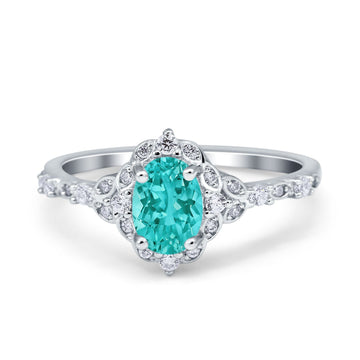 Oval Engagement Ring Accent Vintage Simulated Paraiba Tourmaline CZ 925 Sterling Silver